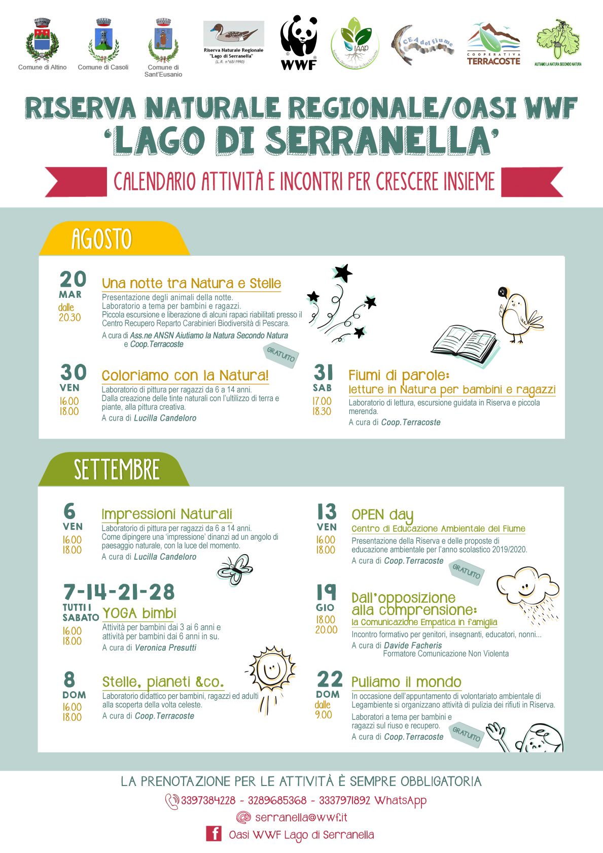 Calendario delle attività per i mesi di agosto e settembre 2019