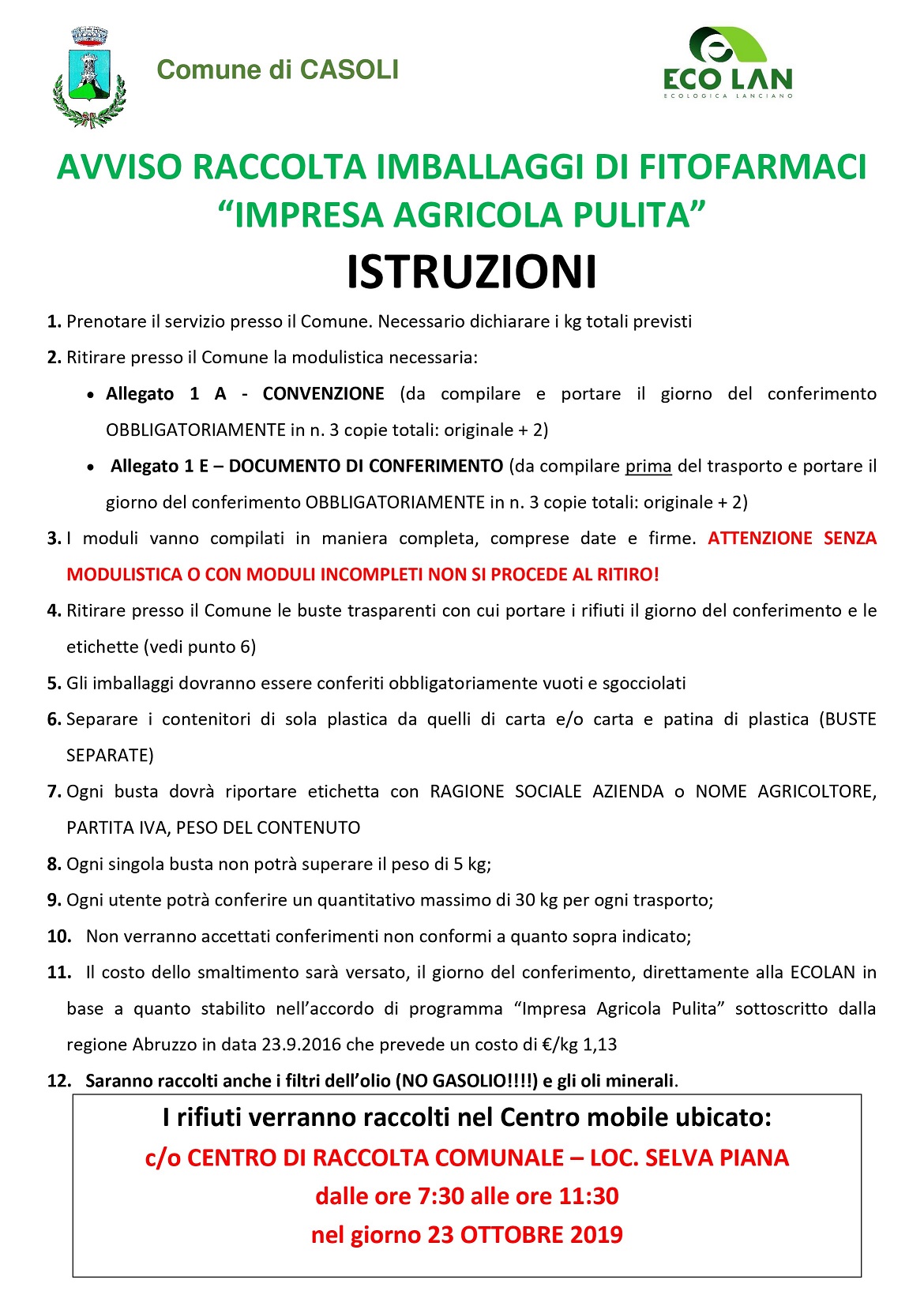 Avviso raccolta fitofarmaci 2019