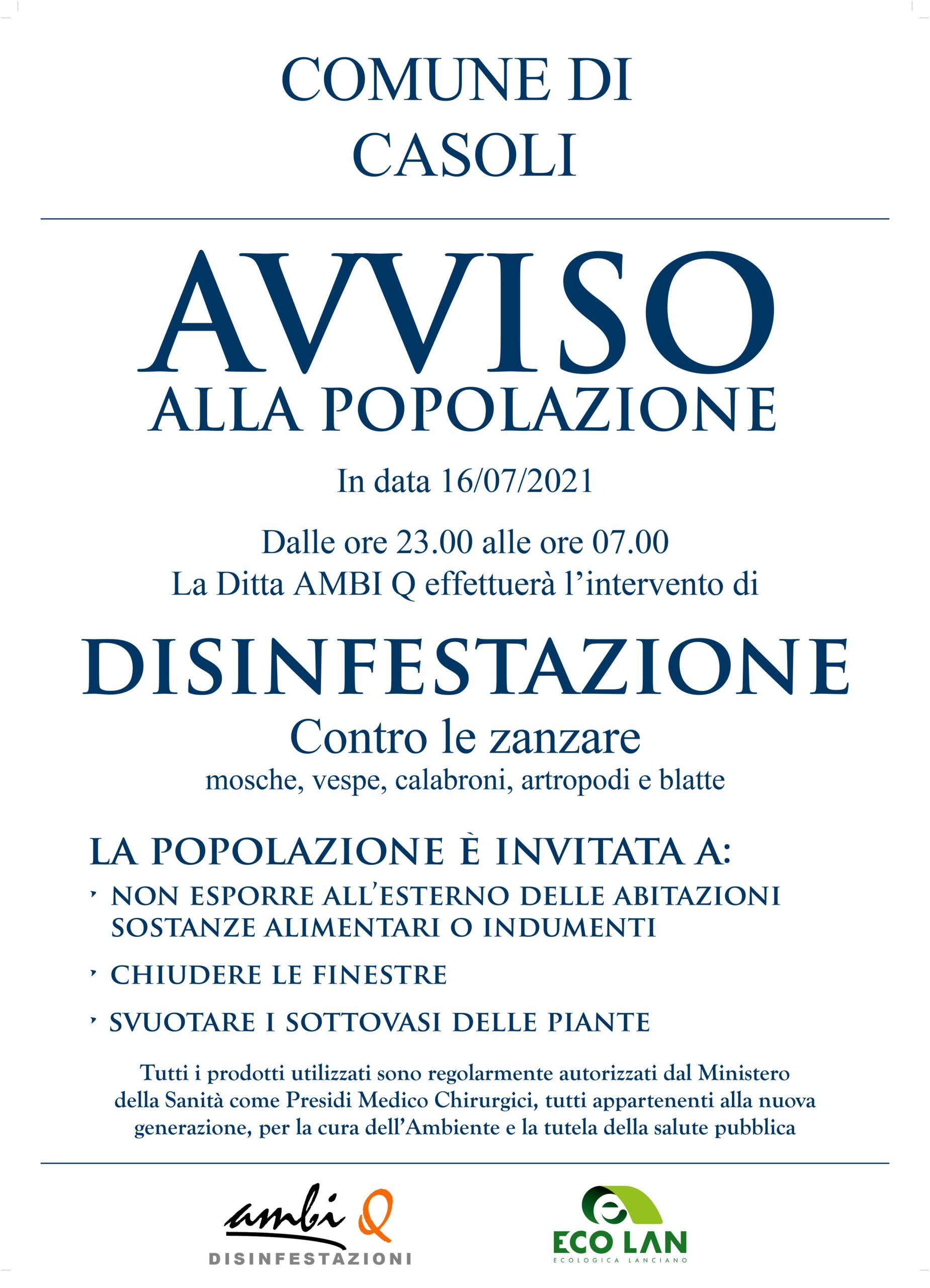 Locandina disinfestazione 16 luglio 2021